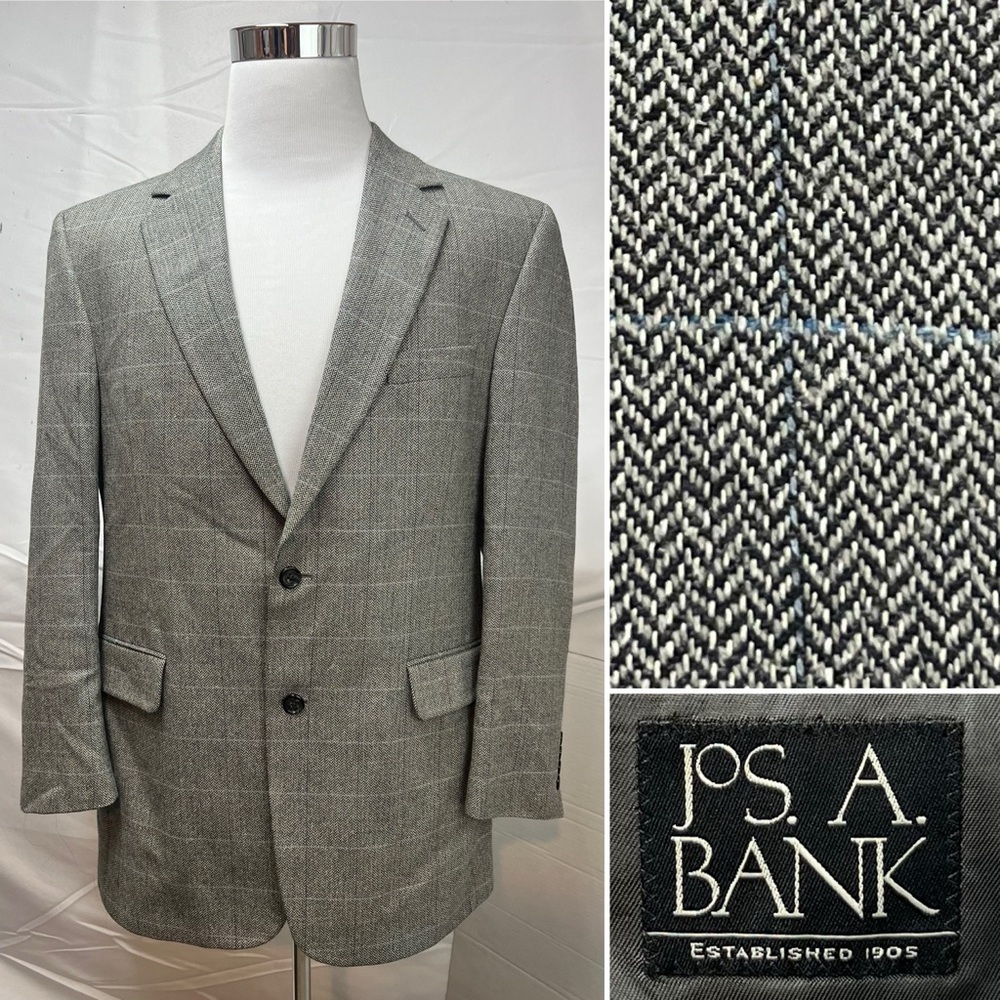 Jos. A. Bank Men's 42R Gray Silk/Cashmere/Wool Plaid Herringbone Blazer Jacket - Picture 1 of 7